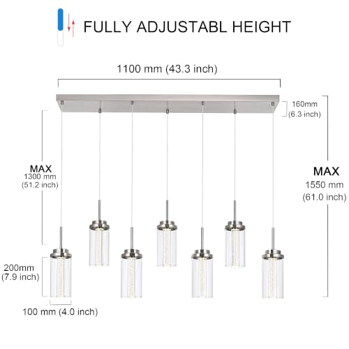 MELUCEE 43.3" Linear Chandelier for Dining Room Modern Led Pendant Lights - color: Brushed Nickel, size: 7-Light-Rectangle