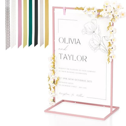 50H" Wedding Welcome Sign Stand with 8 Pair Satin Ribbon & 2 Leather Strap - color: Pink