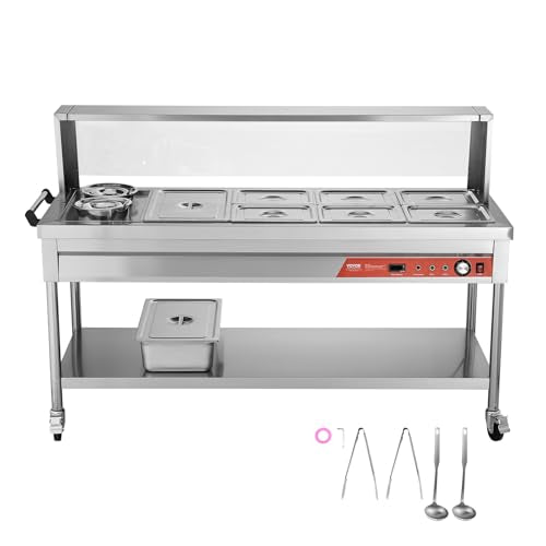 VEVOR Commercial Electric Food Warmer, 7 Pans + 2 Pots Steam Table, 1800W Professional Buffet Catering Food Warmer with Shield Undershelf Wheels, Stainless Steel Server for Party Restaurant
