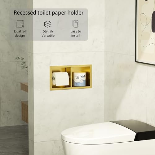Neodrain Gold Dual Roll Recessed Toilet Paper Holder,for Standard/Mega Roll - color: Gold