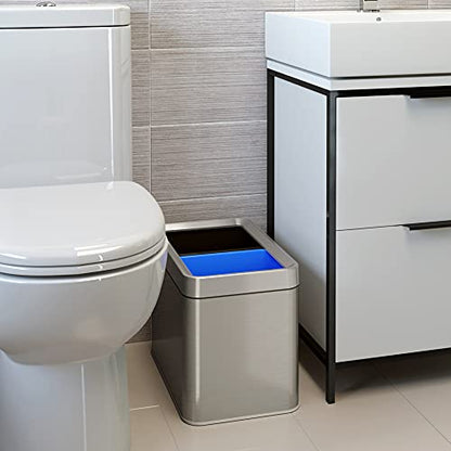iTouchless 20 Liter / 5.3 Gallon Open Top Waste Trash Can & Recycle Bin with 2 Recycle Stickers, Dual Compartment Slim Stainless Steel Container - color: Silver with Black and Blue, 5.3 Gal