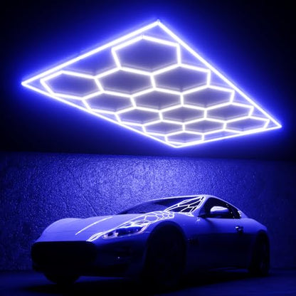 Hexagon Garage Lights, 14 Grids Hexagon LED Lights with Rectangle Frame, 603W 6500K Super Bright Honeycomb Light for Warehouse, Car Detailing Shop, Exhibition Hall, Gym(Blue) - size: 14 HEX+Blue Border