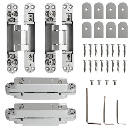 4-Pack 7 inch Silver Hidden Door Hinges,Heavy Duty Zinc Alloy Concealed Hinges, 180 Degree Invisible Hinge, 3 Way Adjustable Butt Hinge - color: Silver, size: 7 Inch