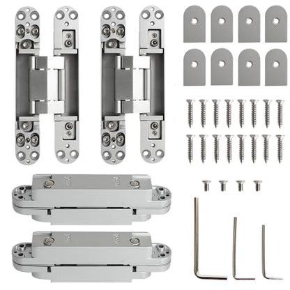 4-Pack 7 inch Silver Hidden Door Hinges,Heavy Duty Zinc Alloy Concealed Hinges, 180 Degree Invisible Hinge, 3 Way Adjustable Butt Hinge - color: Silver, size: 7 Inch