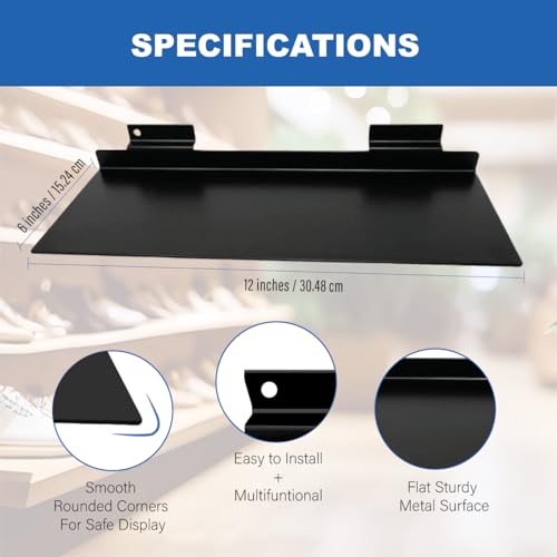 Black Slatwall Metal Large Shoe Shelf, Flat Display Shelves for Slat - 6" D X 12" L - 2 Pack - size: 2 Pack