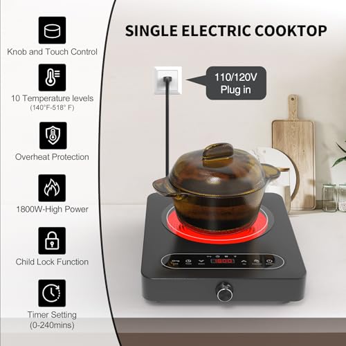 VBGK Single Burner Electric Cooktop, 110V 1800W Electric Cooktop with LED Touch Controls and Knob Controls, 10 Power Levels, 4-Hour Timer, Safety Lock, Single Burner Overheat Protection - size: Single Burner Electric Cooktop