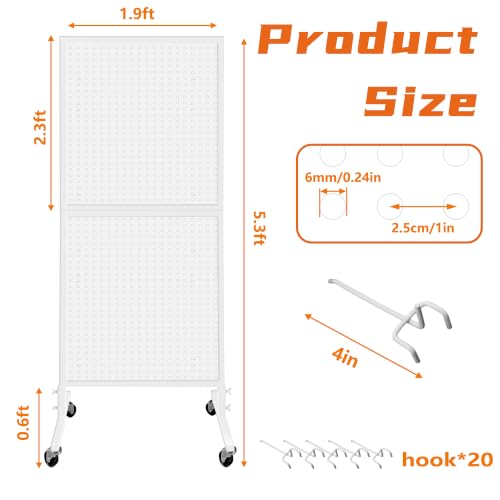 Royxen 5.3 x 1.9 Ft Standing Pegboard Display with T-Base, Locking Wheels and 20 Hooks, Metal Peg Board Display Stand for Craft Shows, Vendors and Retail Stores, White - color: White