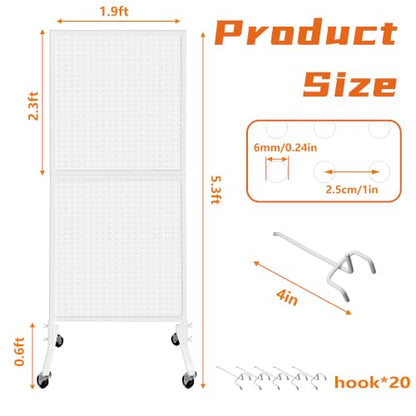 Royxen 5.3 x 1.9 Ft Standing Pegboard Display with T-Base, Locking Wheels and 20 Hooks, Metal Peg Board Display Stand for Craft Shows, Vendors and Retail Stores, White - color: White