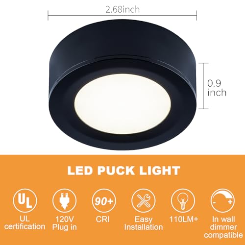 LUMILAND Wired LED Puck Lights (2.7Wx3) Plug-in Lighting Natural White (4000K), LED Cabinet Light for Kitchen Can Be Surface Mount or Recess Mount, Black - color: Black, size: 4000K