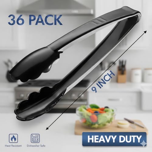 9-Inch Plastic Serving Tongs (36-Pack) Heavy-Duty Black Tongs - size: 36 Pack