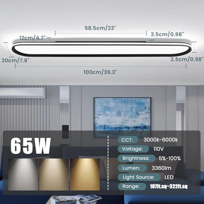 ADISUN Modern LED Ceiling Light Dimmable Linear Ceiling Light 39.4in Semi Flush Mount Long Lights with Remote Control and Side Lighting for Living Room Kitchen Dining Room (65W) - color: Black-1Pack, size: 39 Inch