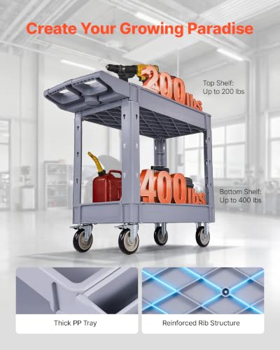 VEVOR Utility Cart, 550 lbs Capacity, 2 Tier Service Cart with 360° Swivel & Fixed Wheels (2 with Brakes), Heavy Duty Plastic Rolling with Storage Tray, Tool Storage for Garage Warehouse Workshop - size: 39.76 x 17.3 x 33.3 in