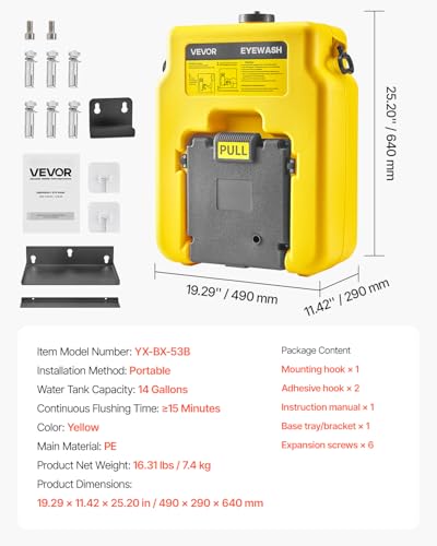 VEVOR Portable Eye Wash Station 14 Gal, OSHA-Approved Eyewash Station Wall-Mounted/On Flat Surface, Emergency Eye Wash Unit with 2 Sprays, First Aid Eyewash Units for Schools, Labs, Factories, Yellow - style: Portable Eye Wash Station 14 Gal