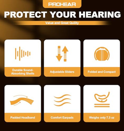 PROHEAR 038 Ear Protection Safety Earmuffs for Mowing, 28dB Noise Reduction Passive Hearing Protector, Compact Foldable Headset for Shooting Construction Power Tools, Brown - color: Brown