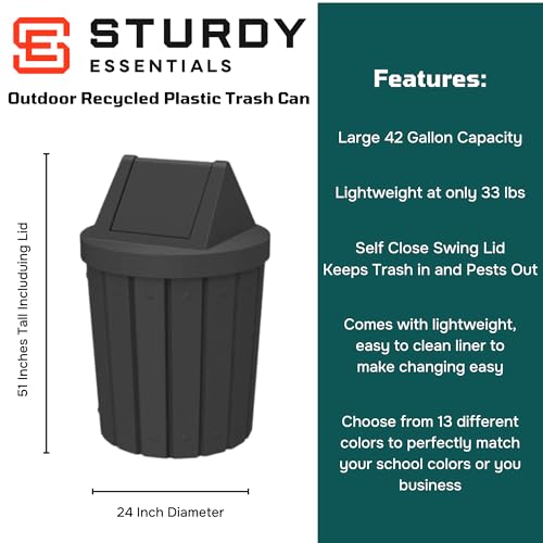 Commercial Trash Can Swing Top Lid - Outdoor Garbage Can - color: Black, size: 42 Gallon Slatted Round
