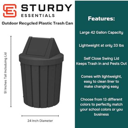 Commercial Trash Can Swing Top Lid - Outdoor Garbage Can - color: Black, size: 42 Gallon Slatted Round