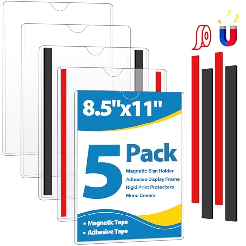 Magnetic Sign Holder 8.5 x 11 Wall Sign Holder 5Pack, Rigid Plastic Door Sign Holder Magnetic Frame with Magnetic Tapes and Adhesive Tapes, Adhesive Display Frame for Fridge Window Wall Display - size: 8.5"x11"-5Pack