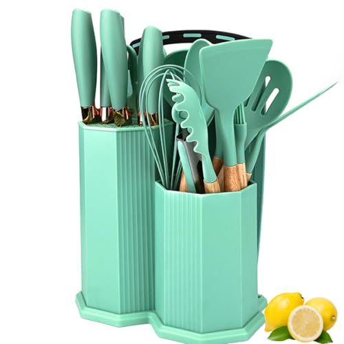 Kitchen Cooking Utensils and Knife Set with Holder Block, 19 Pieces Cooks Cutting Set 11 Pcs Silicone Cooking Utensils Sharp Stainless Steel Knives Scissors Whisk Tongs and Cutting Board (Teal) - color: Teal