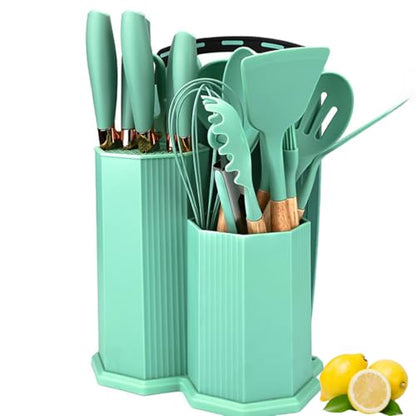 Kitchen Cooking Utensils and Knife Set with Holder Block, 19 Pieces Cooks Cutting Set 11 Pcs Silicone Cooking Utensils Sharp Stainless Steel Knives Scissors Whisk Tongs and Cutting Board (Teal) - color: Teal
