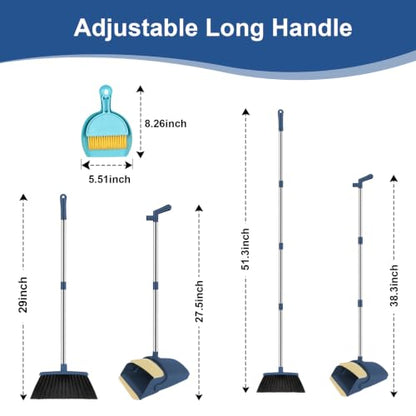 Broom and Dustpan Set, 51" Long Handle Broom with Mini Set Navy Blue - color: Blue, size: Normal