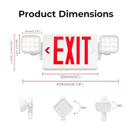 Pack 2 Double Sided LED Emergency Exit Sign with Dual Lights, Remote Capable, Backup Battery, Red Letters, Fire-Resistant (UL 94V-0), 120-277V Commercial Grade - size: 2 pack