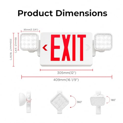 Pack 6 Double Sided LED Emergency Exit Sign with Dual Lights, Remote Capable, Backup Battery, Red Letters, Fire-Resistant (UL 94V-0), 120-277V Commercial Grade - size: 6 Pack