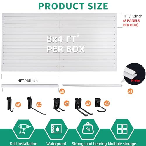FRAYSCENT Slat Wall Paneling Garage Slat Wall Storage Systems Slatwall Panels Power Tool Organizer Wall Mount, PVC Garage Storage & Organization Products Slate Board (White, 4ft x 8ft with 26 Hooks) - color: White, size: 8x4ft(26hooks)