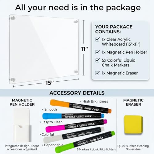 Acrylic Note Board Refrigerator Dry Erase Board Magnetic Clear 15”x11 Includes 4 Dry Erase Markers - size: Magnetic 15“x11”