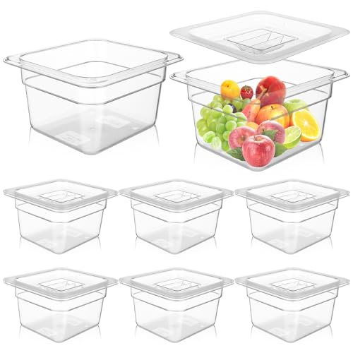 8 Set 1/6 Size Plastic Clear Food Pans with Lids for Kitchen Restaurant