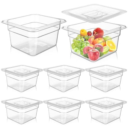 8 Set 1/6 Size Plastic Clear Food Pans with Lids for Kitchen Restaurant