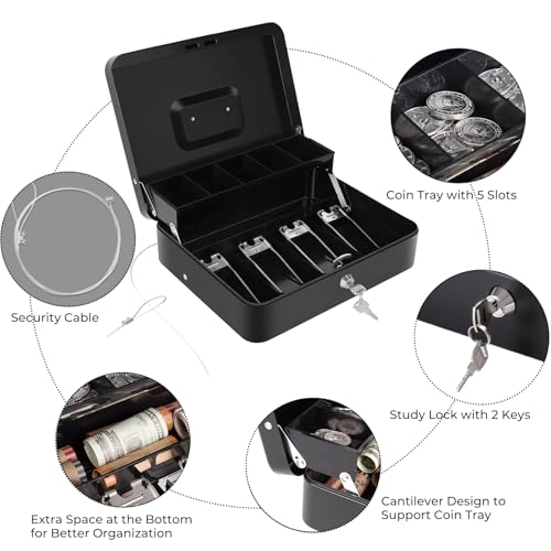 Sumerfnt Cash Box with Money Tray and Lock Money Box with Security Cable, Metal Locking Cash Box - 11.8" x 9.4" x 3.54" Black - color: Black-with Security Cable