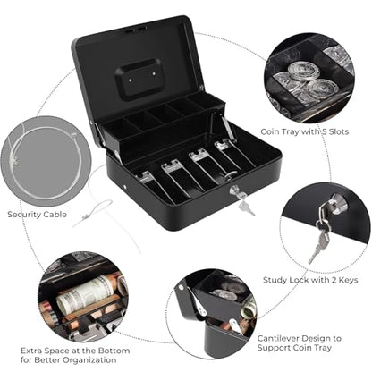 Sumerfnt Cash Box with Money Tray and Lock Money Box with Security Cable, Metal Locking Cash Box - 11.8" x 9.4" x 3.54" Black - color: Black-with Security Cable