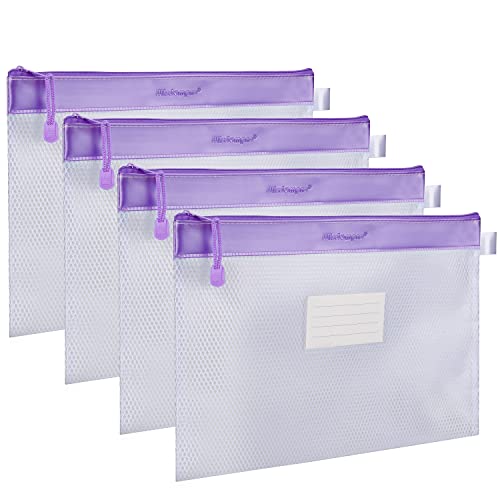 Wisdompro Zipper Pouch, 4 Pack Waterproof Mesh File Bag, Document Organizer - color: Purple