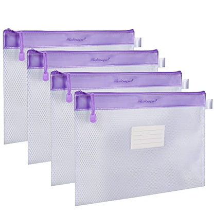 Wisdompro Zipper Pouch, 4 Pack Waterproof Mesh File Bag, Document Organizer - color: Purple