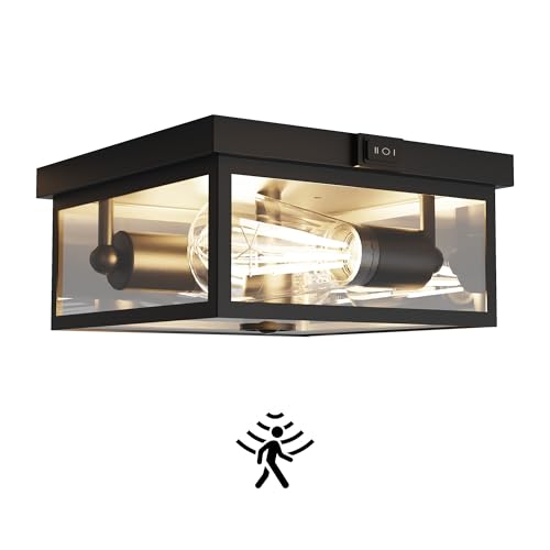 Outdoor Ceiling Light with Motion Sensor, Flush Mount Porch Light, Exterior Light Fixture with Clear Glass, Dusk to Dawn 2-Light Fixture for Patio,Porch (8.5 in) - color: 8.5 Inch, size: 1Pack