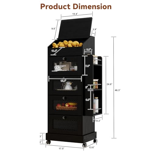 ARTETHYS Potato Storage Bin 5-Tier Rolling Black Bread Box with Side Rack - color: Black