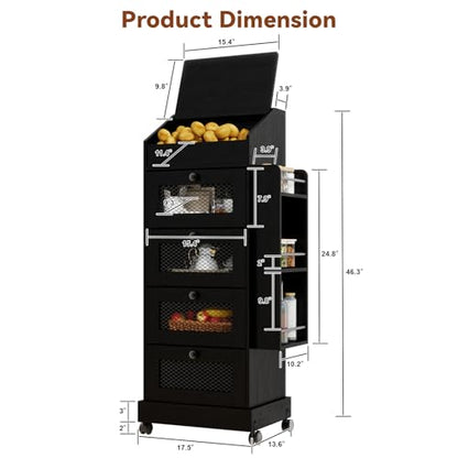 ARTETHYS Potato Storage Bin 5-Tier Rolling Black Bread Box with Side Rack - color: Black