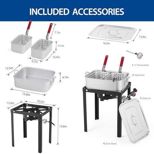 OuterMust 58,000 BTU Outdoor Fish Fryer with Baskets and Lid, 18 Qt. Propane Deep Fryer and 2 Inner Baskets, Ideal for Frying Fish, Chicken Wings, French Fries - size: 18 Qt. with Baskets and Lid
