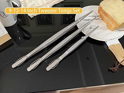 JETKONG 9 12 14 Inch Extra Long Kitchen Tweezers Heavy Duty Stainless Steel Cooking Tweezers, Set of 3 (Point Tips, Silver) - color: Silver, size: Point Tip-9 12 14