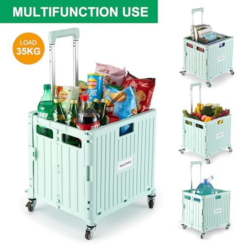 MACOPRO Folding Utility Cart Portable Rolling Crate Handcart Shopping Trolley Collapsible Tool Box, with Lid, Basket on 4 Rotate Wheels, for Grocery, Office, Teacher, Travel Shop Move Luggage (Green) - color: Green
