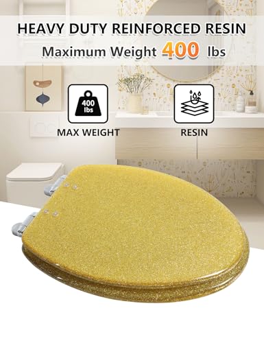 Angol Shiold ELONGATED Gold Glitter Resin Soft Close Toilet Seat 18.5Inch - color: Walnut wood color