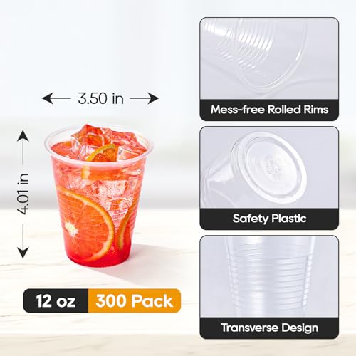 Turbo Bee 12oz Plastic Cups 300 Pack，Disposable Clear Drinking Cups for Home, School, Office & Events，Transparent Tumblers for Drinks, Samples & Commercial Use - size: 12oz