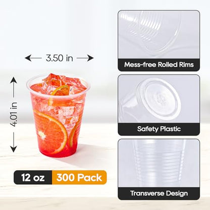 Turbo Bee 12oz Plastic Cups 300 Pack，Disposable Clear Drinking Cups for Home, School, Office & Events，Transparent Tumblers for Drinks, Samples & Commercial Use - size: 12oz