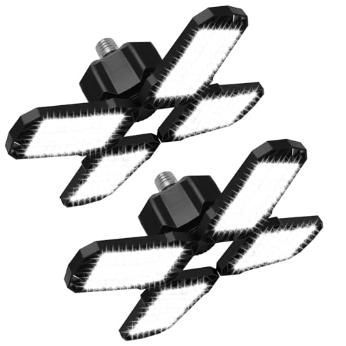 2 Pack LED Garage Light, 150W 15000LM 6500K LED Shop Lights, Garage Lights Ceiling Led with 4 Deformable Panels, Screw in E26/E27 Bulb Socket for Warehouse, Basement, Attic, Barn, High Bay Lighting - size: 150W-2PACK