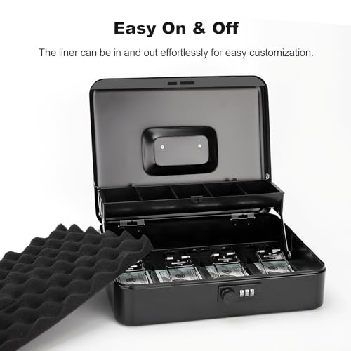 Cash Box with Combination Lock & Foam Auto-Pop Coin Tray – Secure Steel Money Box with 4 Upgraded Finger-Safe Bill Clips, Premium Smooth Scratch-Resistant Coating, 11.8", Combo Black - color: Combo Black