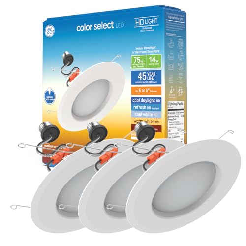 GE Color Select LED Recessed Downlight Fixture, RS6 Indoor Floodlight, 6-Inch, Multiple Color Temperatures, 75 Watt Replacement (3 Pack) - style: 1150 Lumens