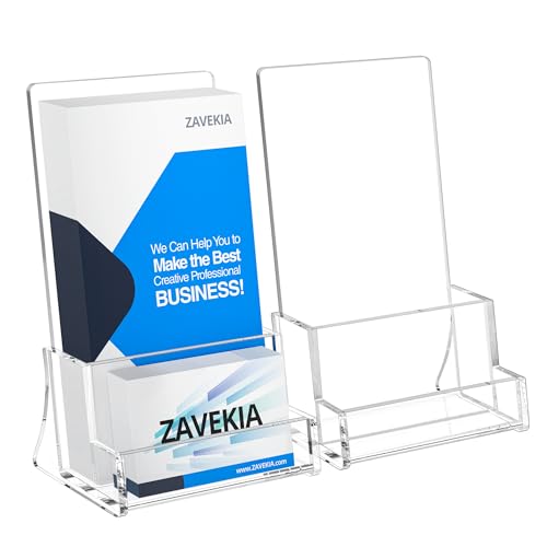 zavekia 2 Pack Acrylic Brochure Holder With business card holder, 4 x 9 inches Clear Acrylic Literature Holder Plastic Flyer Display Stand