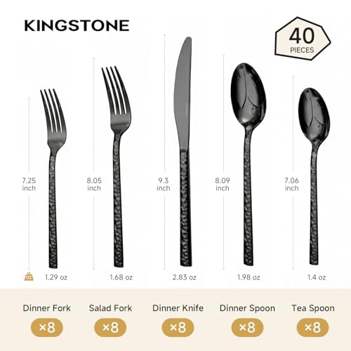 40 Piece Black Silverware Set,18/10 Stainless Steel Hammered Flatware for 8 - color: Black, size: 40-Piece