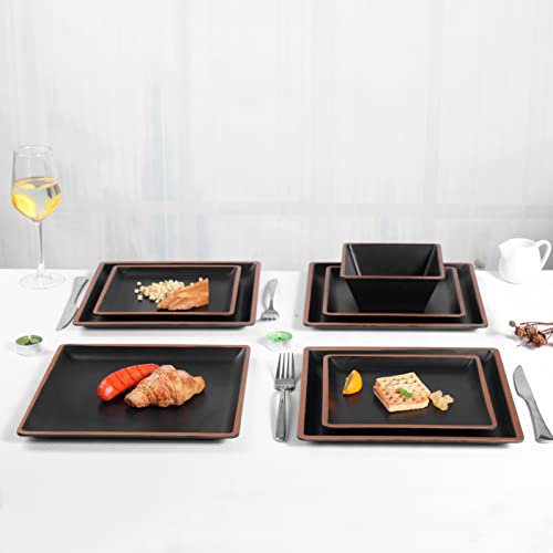 Melamine Dinnerware Sets Service for 4, Square Dinner Plates and Bowls Set - color: Metallic bronzed edge