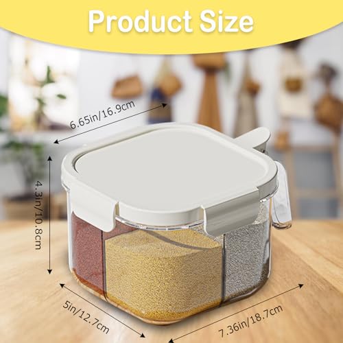 4-Compartment Clear Seasoning Box with Lids and Spoons, Airtight Condiment Organizer, Kitchen Spice Container Set for Salt, Sugar, Pepper (White) - color: White
